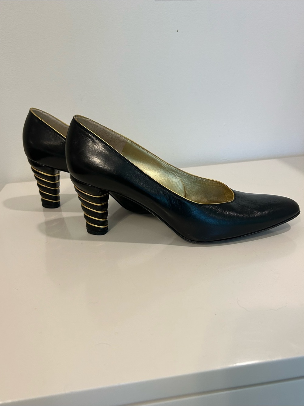 Bruno Magli Black Pumps with Gold-Ring Stacked Heel